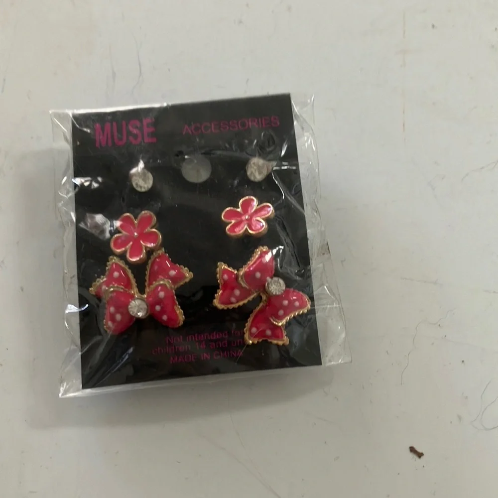 Muse Kids Pink Bow and Flower Earrings Set